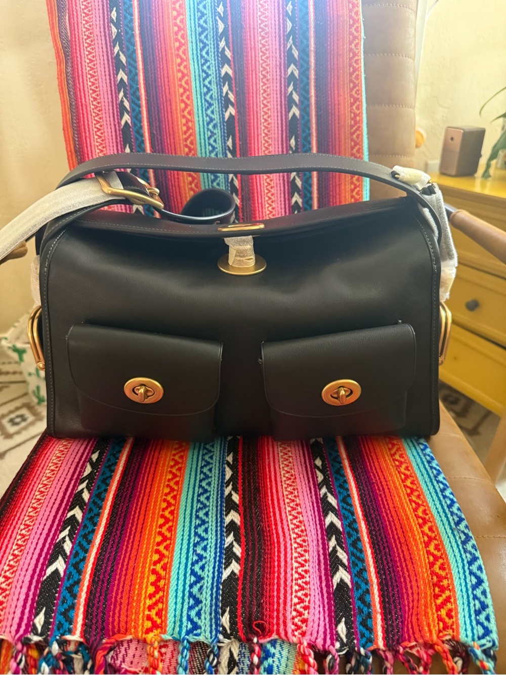 NewCoach Haversack Black Leather Shoulder Bag with Gold Hardware